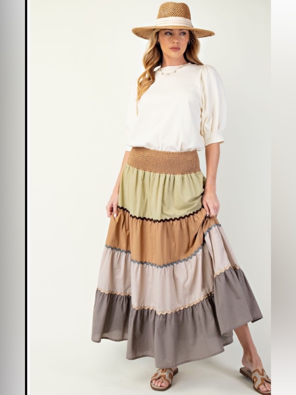 easel Tiered Maxi Skirt in Olive, Camel, Taupe and Cream